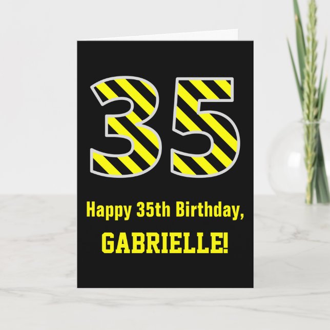 Tarjeta Black & Yellow Striped "35"; 35th Birthday + Name (Anverso)