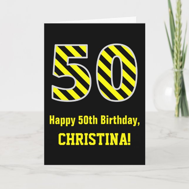 Tarjeta Black & Yellow Striped "50"; 50 cumpleaños + Nombr (Anverso)