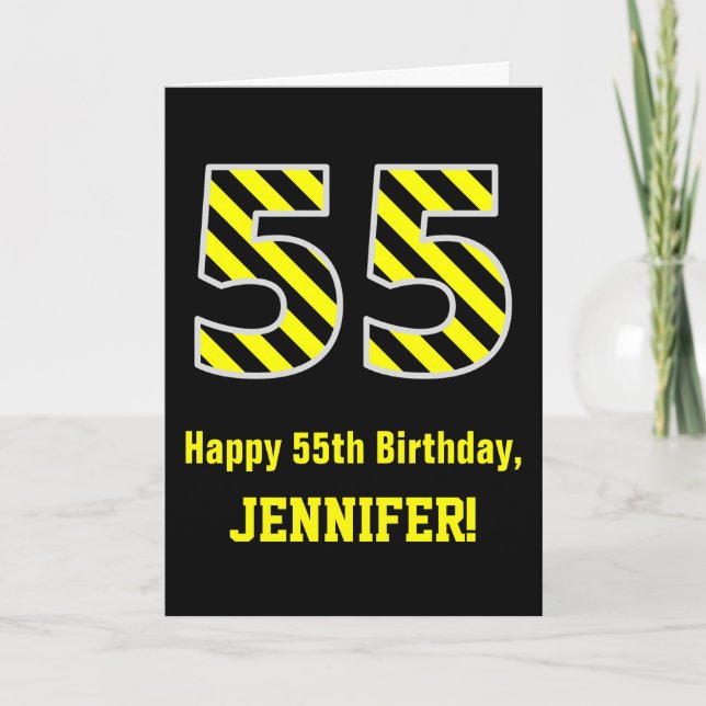 Tarjeta Black & Yellow Striped "55"; 55th Birthday + Name (Anverso)