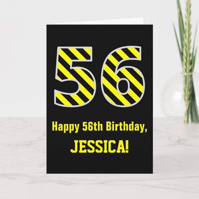 Tarjeta Black & Yellow Striped "56"; 56th Birthday + Name (Anverso)
