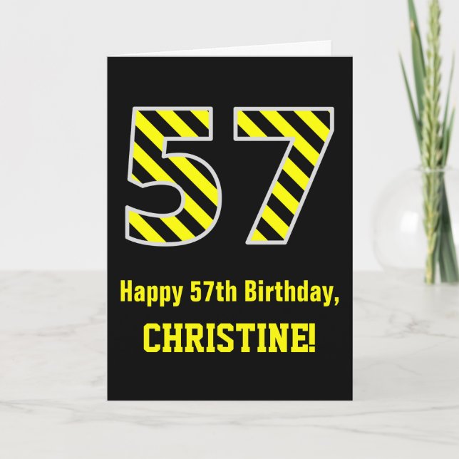 Tarjeta Black & Yellow Striped "57"; 57th Birthday + Name (Anverso)