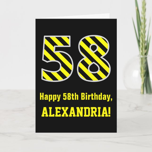 Tarjeta Black & Yellow Striped "58"; 58th Birthday + Name (Anverso)