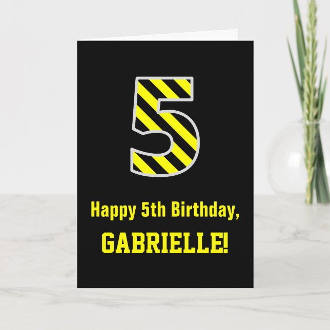 Tarjeta Black & Yellow Striped "5"; 5º cumpleaños + Nombre (Anverso)
