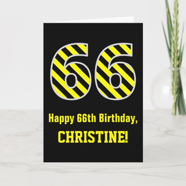 Tarjeta Black & Yellow Striped "66"; 66th Birthday + Name (Anverso)