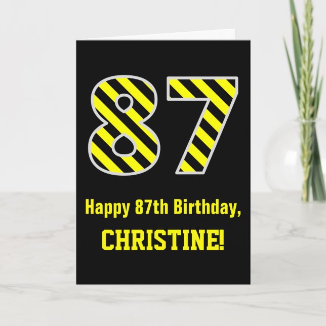 Tarjeta Black & Yellow Striped "87"; 87th Birthday + Name (Anverso)