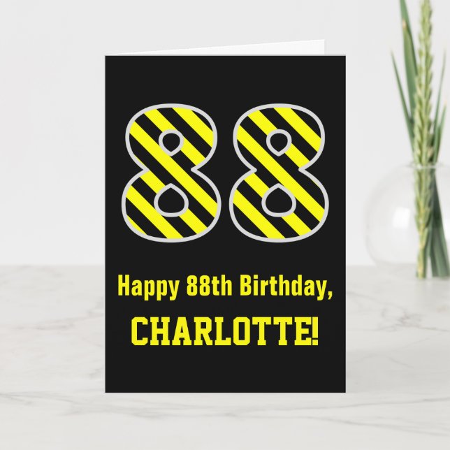 Tarjeta Black & Yellow Striped "88"; 88th Birthday + Name (Anverso)