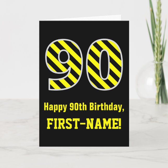Tarjeta Black & Yellow Striped "90"; 90th Birthday + Name (Anverso)
