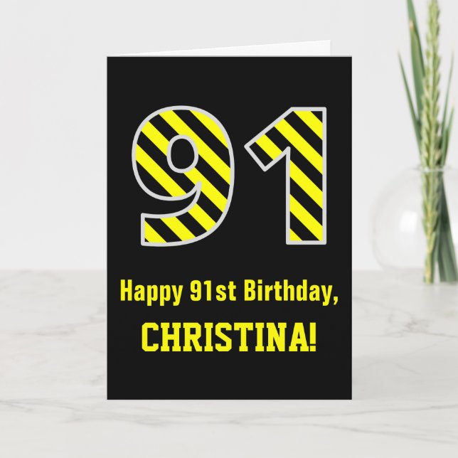Tarjeta Black & Yellow Striped "91"; 91st Birthday + Name (Anverso)