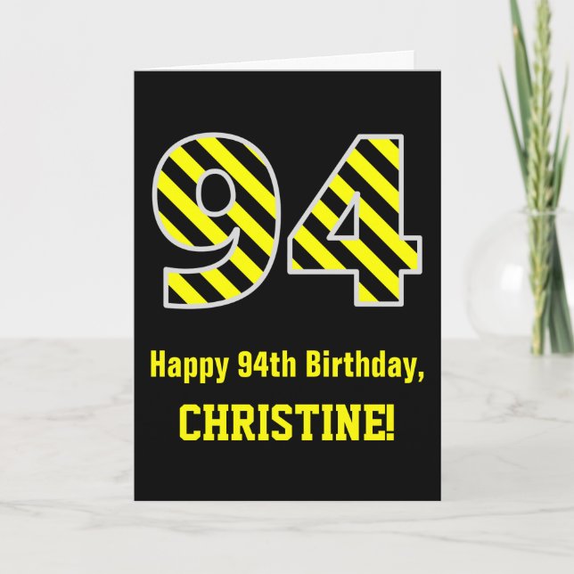 Tarjeta Black & Yellow Striped "94"; 94th Birthday + Name (Anverso)