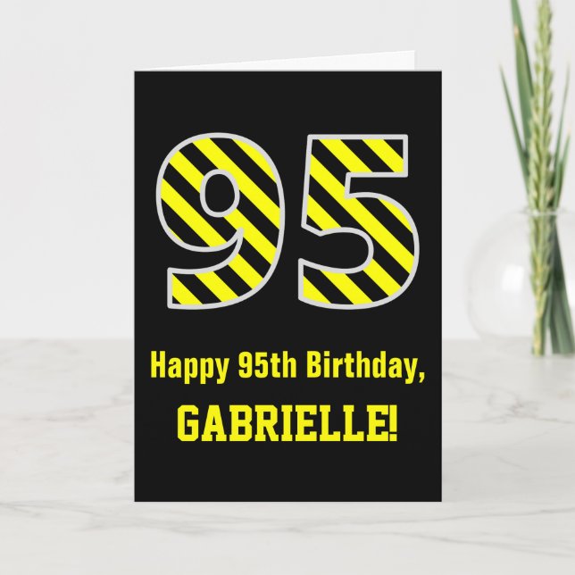 Tarjeta Black & Yellow Striped "95"; 95th Birthday + Name (Anverso)