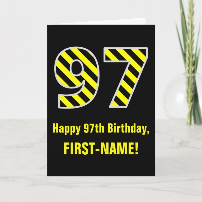 Tarjeta Black & Yellow Striped "97"; 97th Birthday + Name (Anverso)