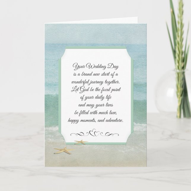 Tarjeta blanca de boda religiosa en la playa (Anverso)