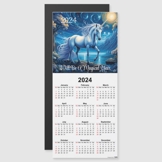 Tarjeta blanca de calendario magnético de unicorni (Anverso/Reverso)