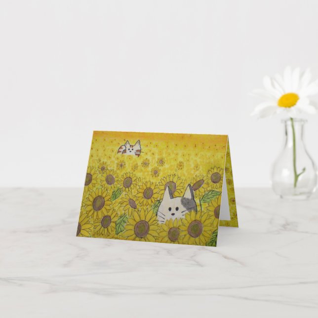Tarjeta blanca de gatos y girasoles, ocultar y bus (Planta pequeña)
