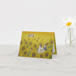 Tarjeta blanca de gatos y girasoles, ocultar y bus