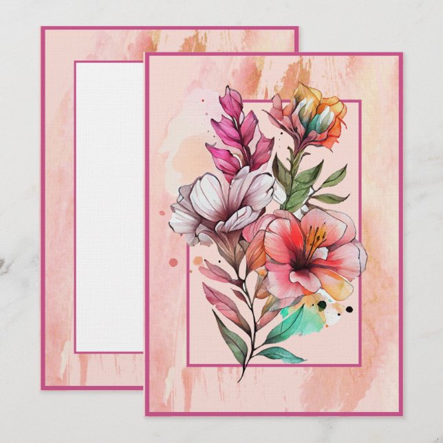 Tarjeta blanca rosada y morada para flores silvest (Anverso / Reverso)