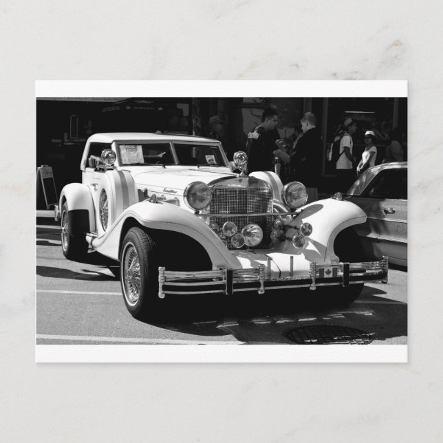 Tarjeta blanca y negra del coche retro Excalibur (Anverso)