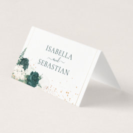 Tarjeta Blanco Boda QR Floral Rosa Verde Esmeralda