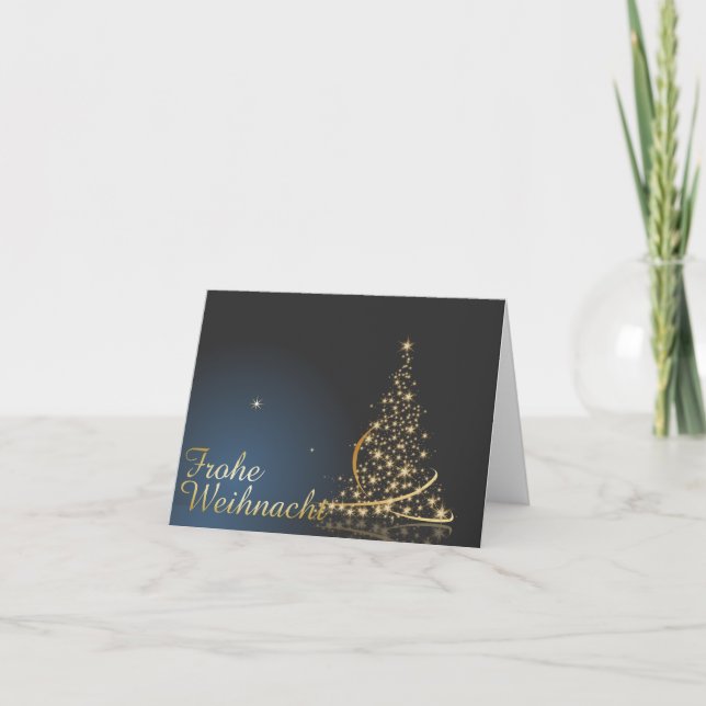 Tarjeta Blaues Weihnachtsmotiv mit goldenem Weihnachtsbaum (Anverso)