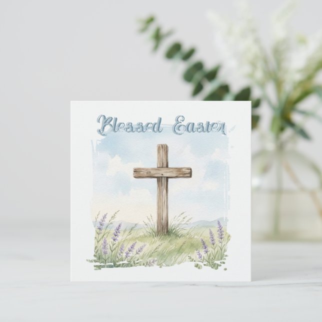 Tarjeta Blessed Easter Watercolor Easter Cross Greeting (Anverso de pie)