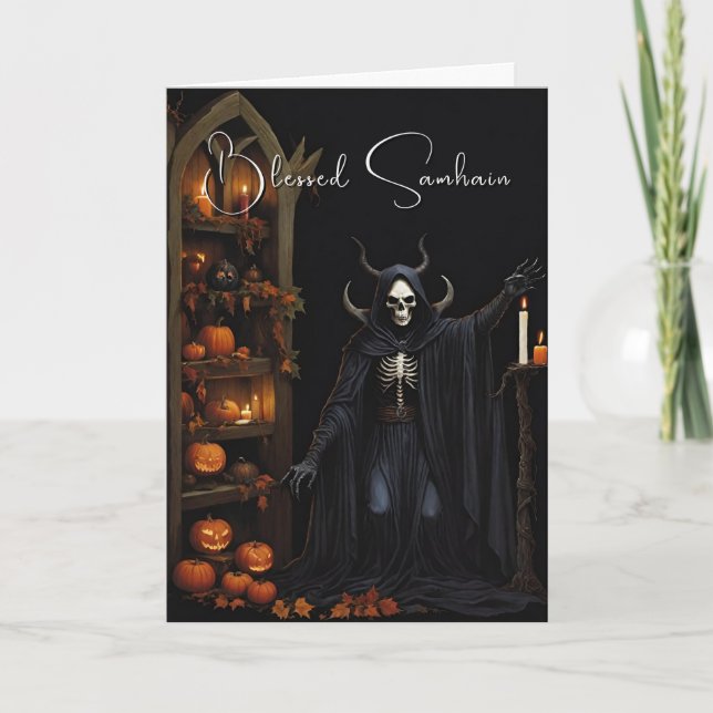 Tarjeta Blessed Samhain Halloween Skeleton Pumpkins (Anverso)