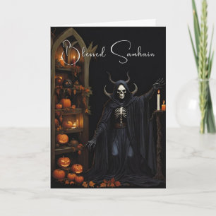 Tarjeta Blessed Samhain Halloween Skeleton Pumpkins