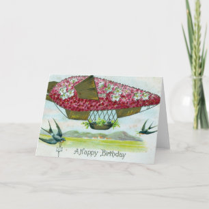 Tarjeta Blimp y Bluebirds vintage de cumpleaños