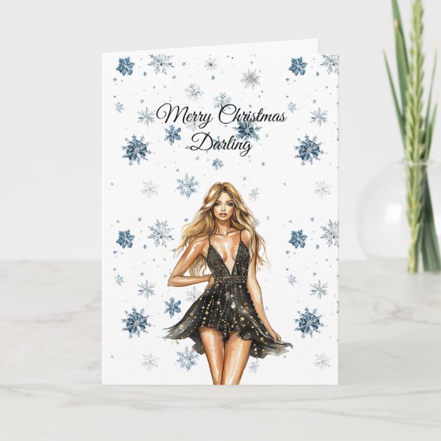 Tarjeta Blond Black Dress Snowflakes Christmas (Anverso)