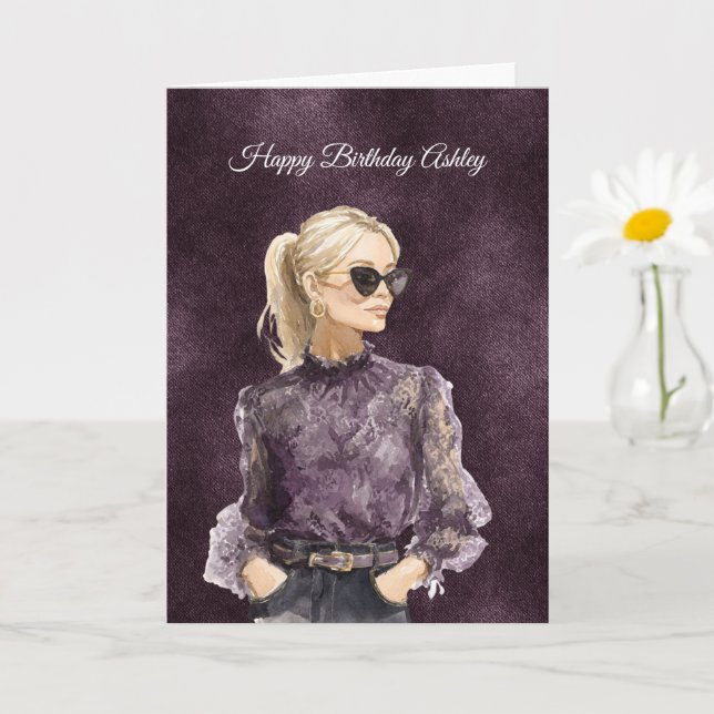 Tarjeta Blond Female Sunglasses Purple Blouse Birthday (Planta pequeña)