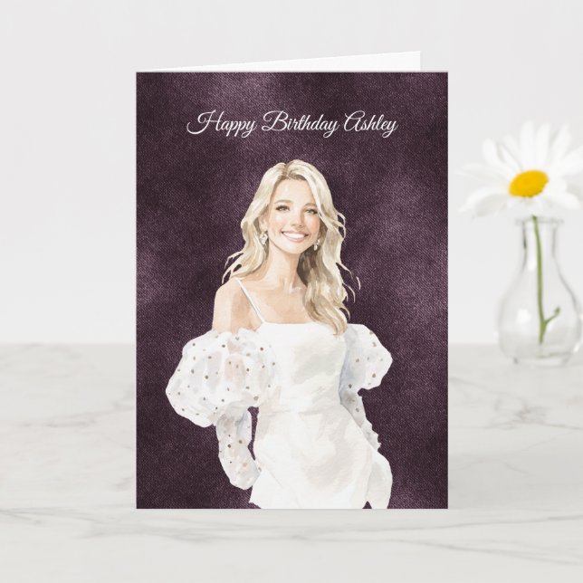 Tarjeta Blond Female White Dress Purple Birthday (Planta pequeña)