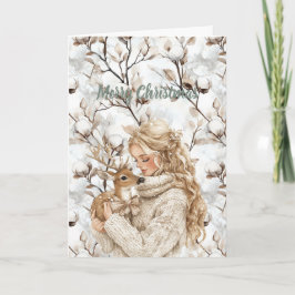 Tarjeta Blond Hair Girl with Deer Christmas