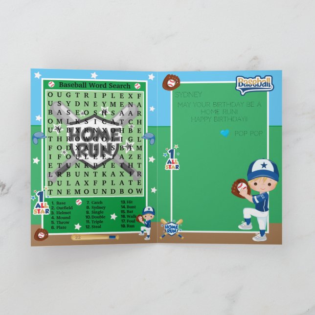 Tarjeta Blonde Boys Béisbol Word Search Happy Birday (Interior)