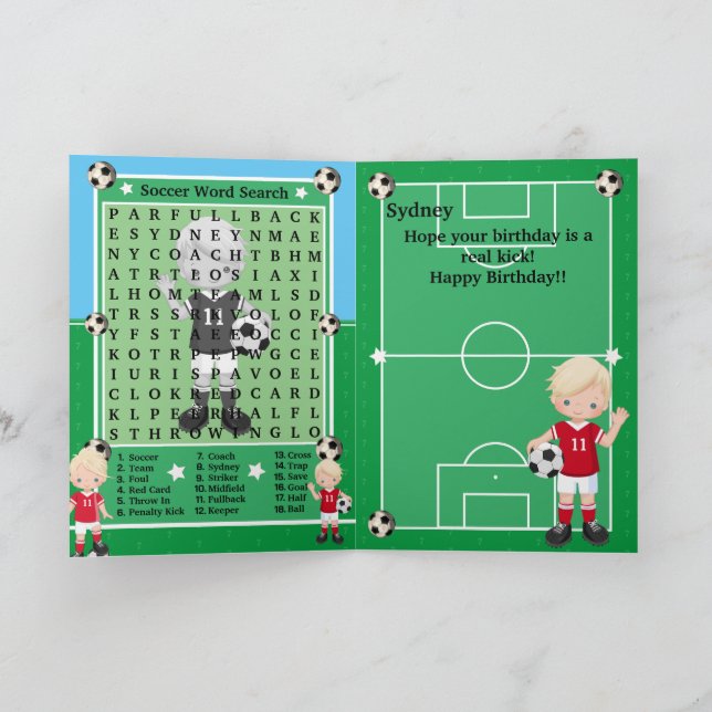 Tarjeta Blonde Boys Soccer Word Search Feliz cumpleaños (Interior)