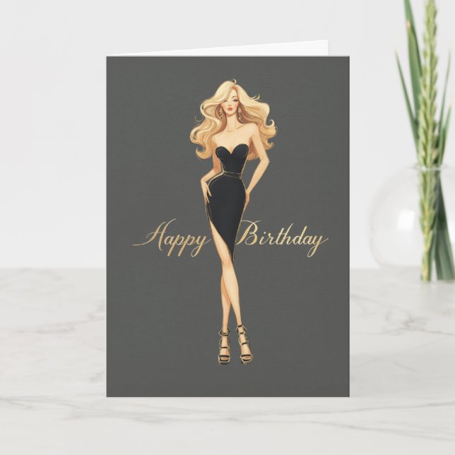 Tarjeta Blonde Girl Black Dress Glam Fashionista BDay (Anverso)