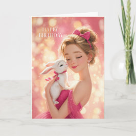 Tarjeta Blonde Girl in Hot Pink w/ Cute White Bunny BDay