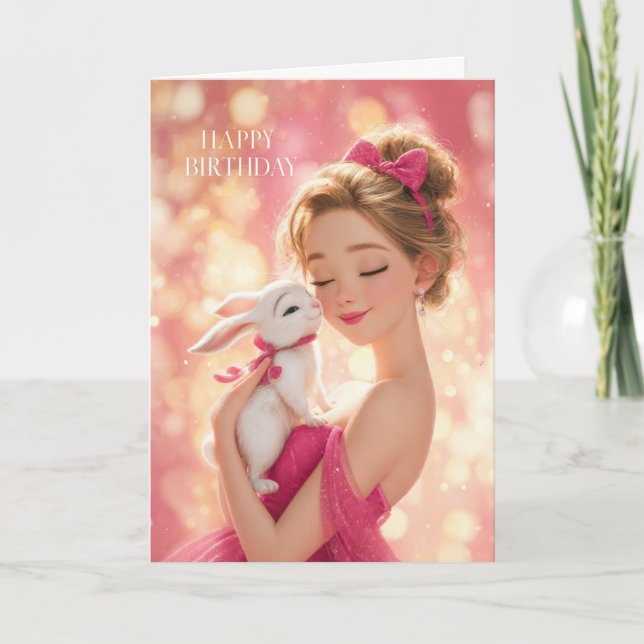 Tarjeta Blonde Girl in Hot Pink w/ Cute White Bunny BDay (Anverso)