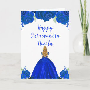 Tarjeta Blonde Hair Princess Blue Floral Quinceanera