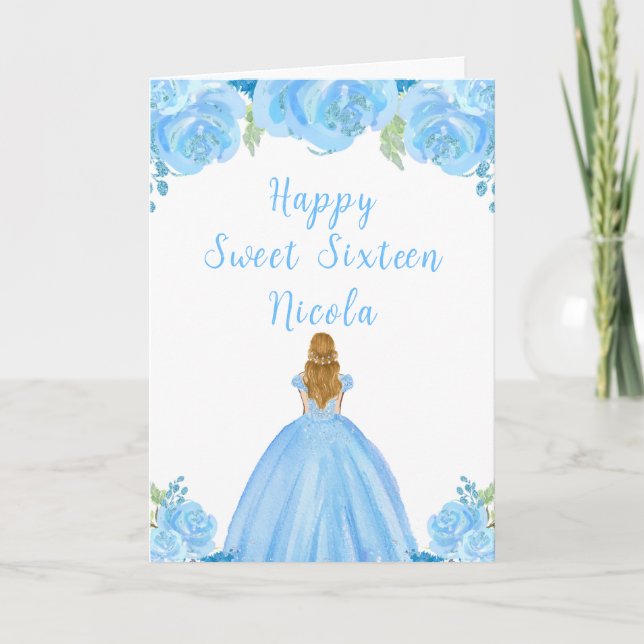 Tarjeta Blonde Hair Princess Blue Floral Sweet 16 (Anverso)
