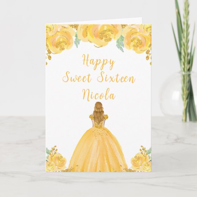 Tarjeta Blonde Hair Princess Gold Floral Sweet 16 (Anverso)