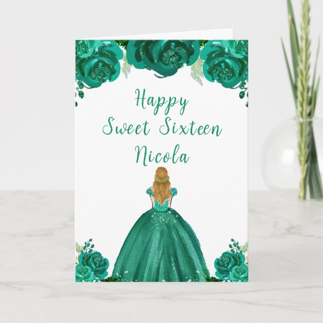 Tarjeta Blonde Hair Princess Green Floral Sweet 16 (Anverso)