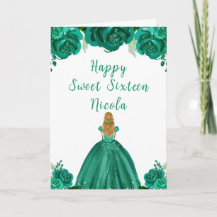 Tarjeta Blonde Hair Princess Green Floral Sweet 16