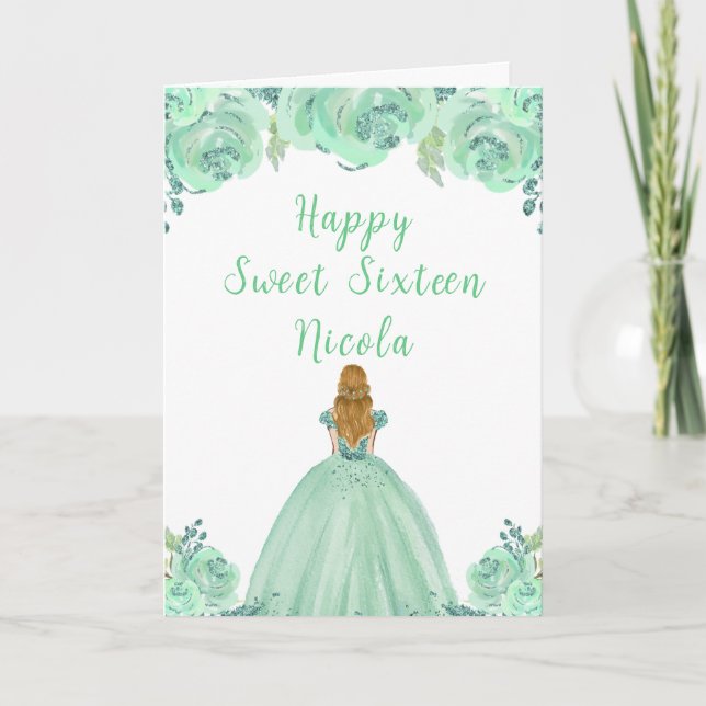 Tarjeta Blonde Hair Princess Mint Floral Sweet 16 (Anverso)