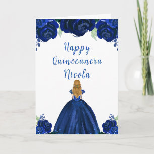 Tarjeta Blonde Hair Princess Navy Floral Quinceanera