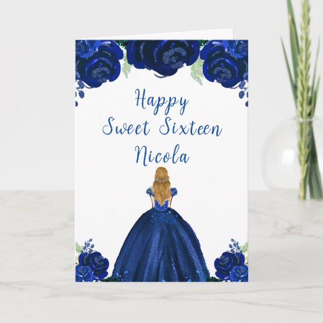 Tarjeta Blonde Hair Princess Navy Floral Sweet Dieciséis (Anverso)