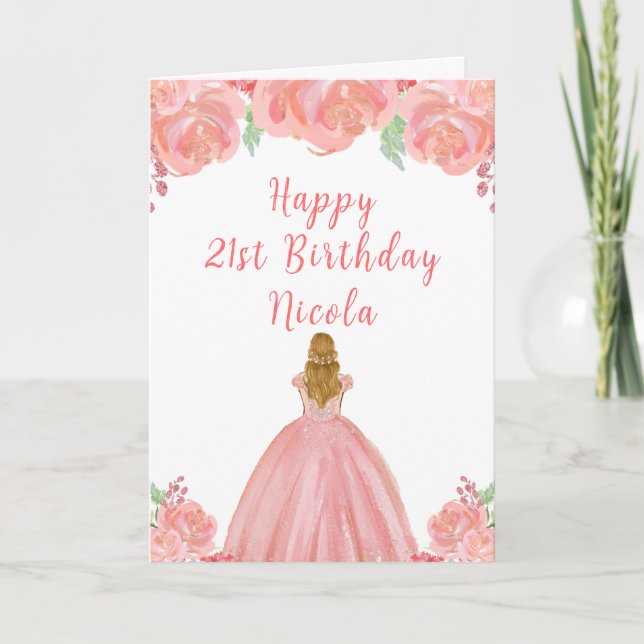 Tarjeta Blonde Hair Princess Pink Floral Birday Party (Anverso)