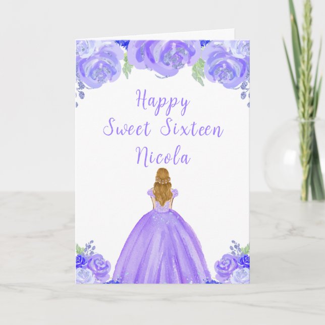Tarjeta Blonde Hair Princess Purple Floral Sweet 16 (Anverso)