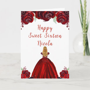 Tarjeta Blonde Hair Princess Red Floral Sweet 16
