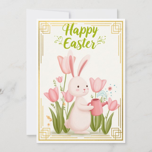 Tarjeta Blooming Joy – Easter Bunny Gardener (Anverso)
