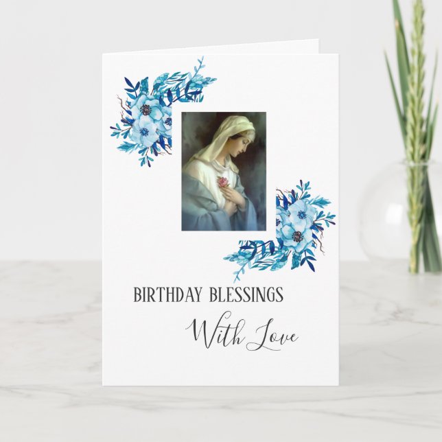 Tarjeta Bloral Azul | Cumpleaños | Virgen Madre María (Anverso)