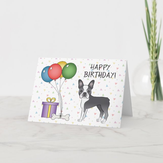 Tarjeta Blue And White Boston Terrier Dog Feliz Cumpleaños (Anverso)